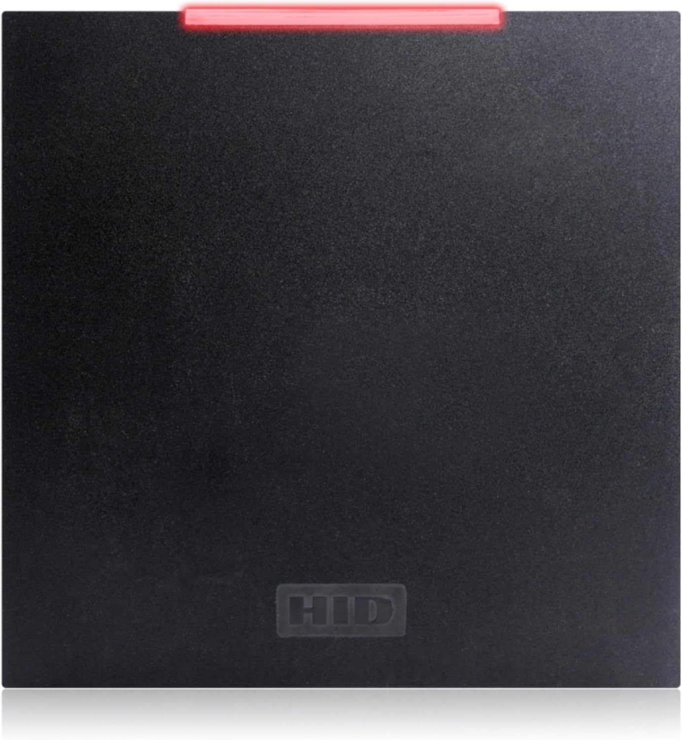 Front view of the HID iCLASS R90 Long Range Reader, a rectangular black device with a red indicator light at the top edge and a subtle HID logo embossed at the bottom.