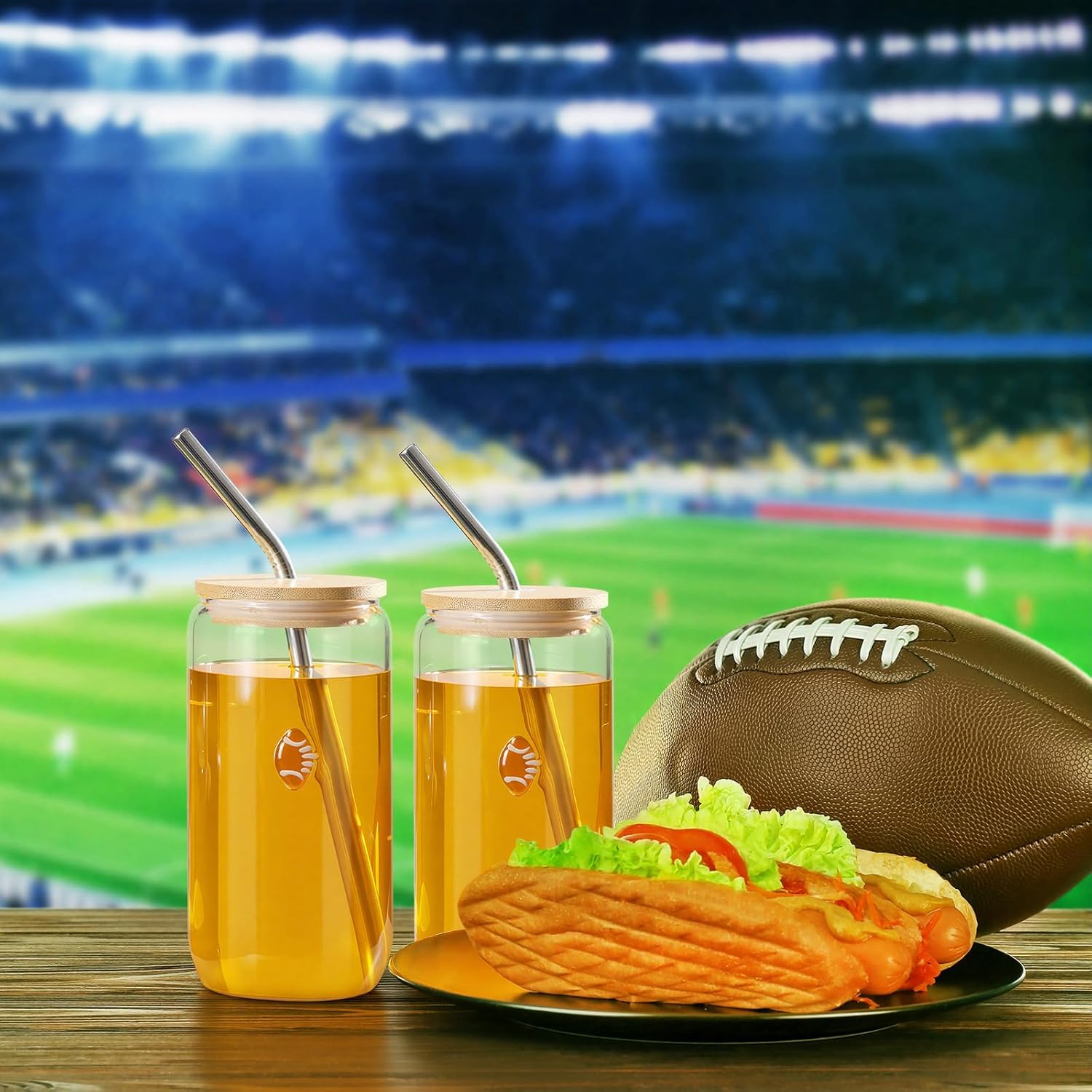 Honeydak Football Party Drinking Glasses - 18 oz Football Icon Juice Glass Tumbler with Lid & Straw Coffee Beer Soda Cocktail Drinking Cup for Game Sport Day Party Supplies Fans Gifts - Image 5
