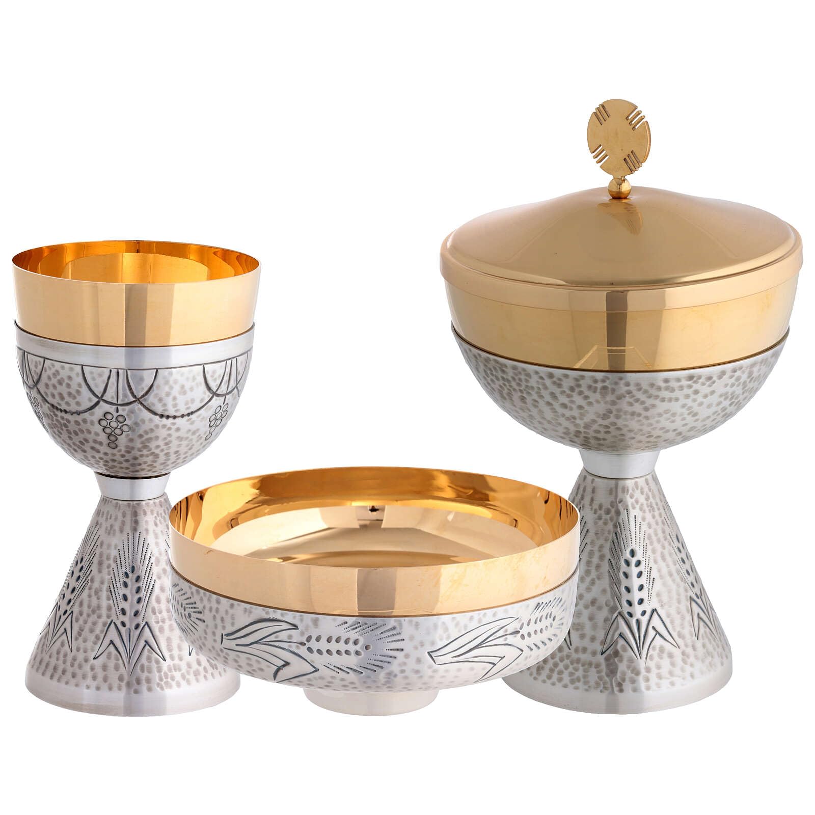 Holyart Chalice, Ciborium and Paten Silver Plated Brass, ChaliceChalice Height: 16 cm|Ciborium Diameter: 12 cm|Ciborium Height: 12 cm|Paten Diameter: 16 cm