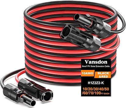 Vansdon 2x10 Feet Solar Panel Extension Cable, 10AWG Solar Cable, Solar Panel Cable with Female and Male Waterproof Connectors for RV, Photovoltaic Systems 10FT Red + 10FT Black