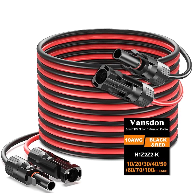 Cabo de extensão para painel solar Vansdon 10AWG com conectores MC4 macho e fêmea, 6,1 m, preto e vermelho, par