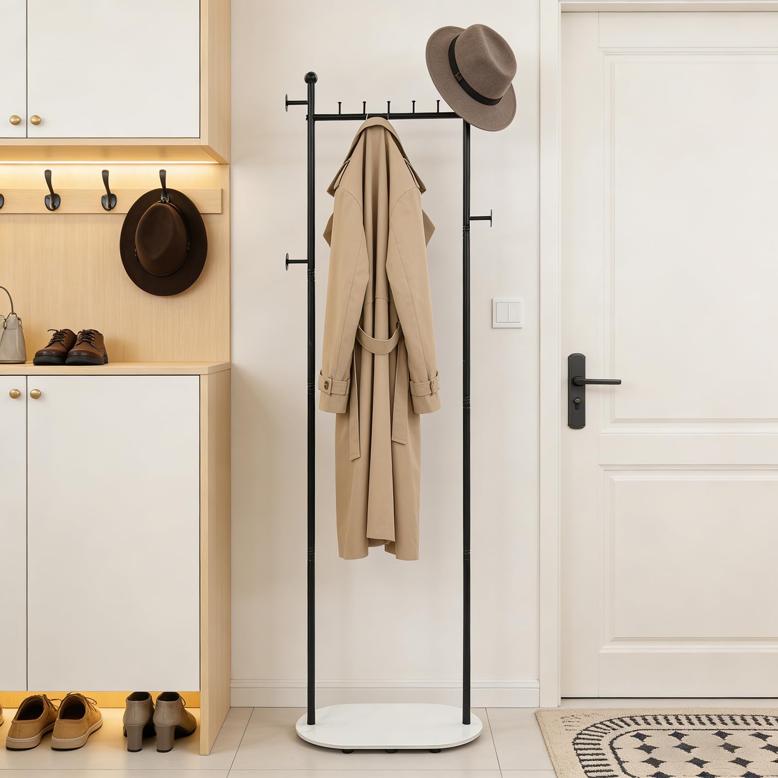Freistehender Kleiderständer Garderobenständer, Schwarz | Kleiderstange Stabil, 5 Horizontale Haken, 4 Seitliche Haken, Für Kleidung, Hüte, Taschen