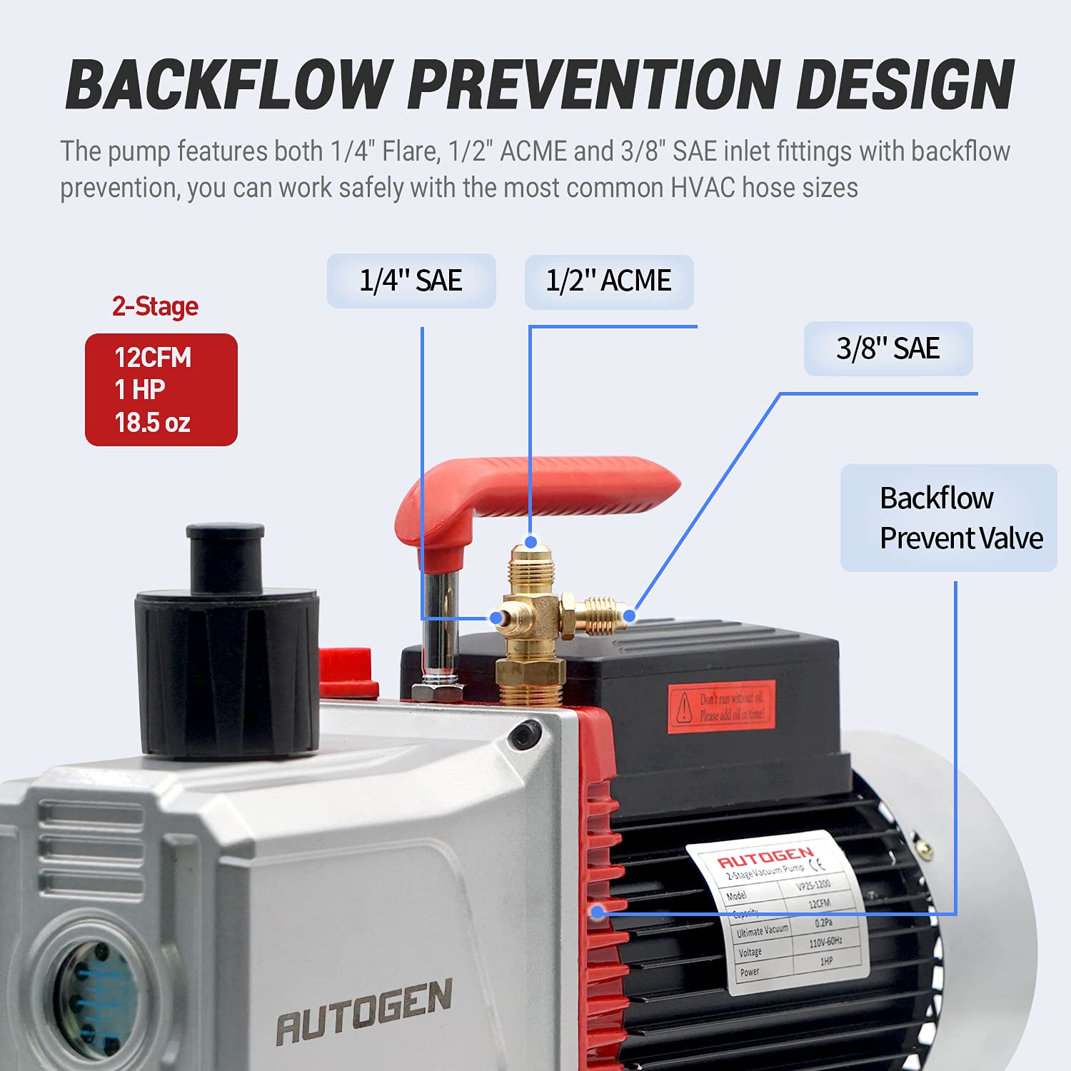 AUTOGEN 2Stage 12CFM Vacuum Pump, 1/2HP 0.2Pa 110V Air Vacuum Pump for