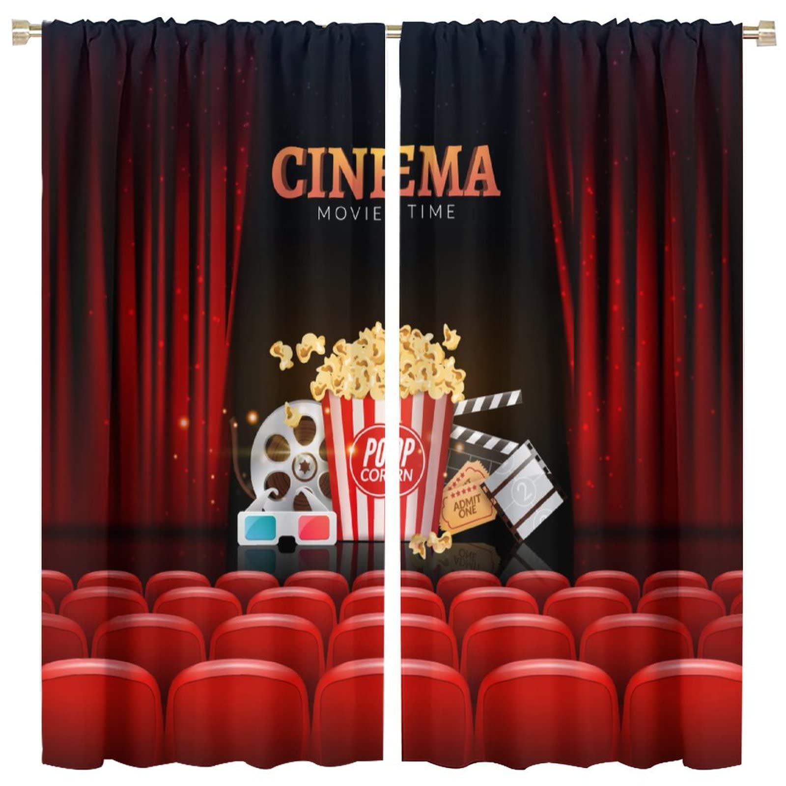 BenYaSong Popcorn Movie Clapboard Blackout Curtains Cinema Theater Background Print Privacy for Home Kitchen Restaurant Decoration Window Curtain 2 Panels 63x63in
