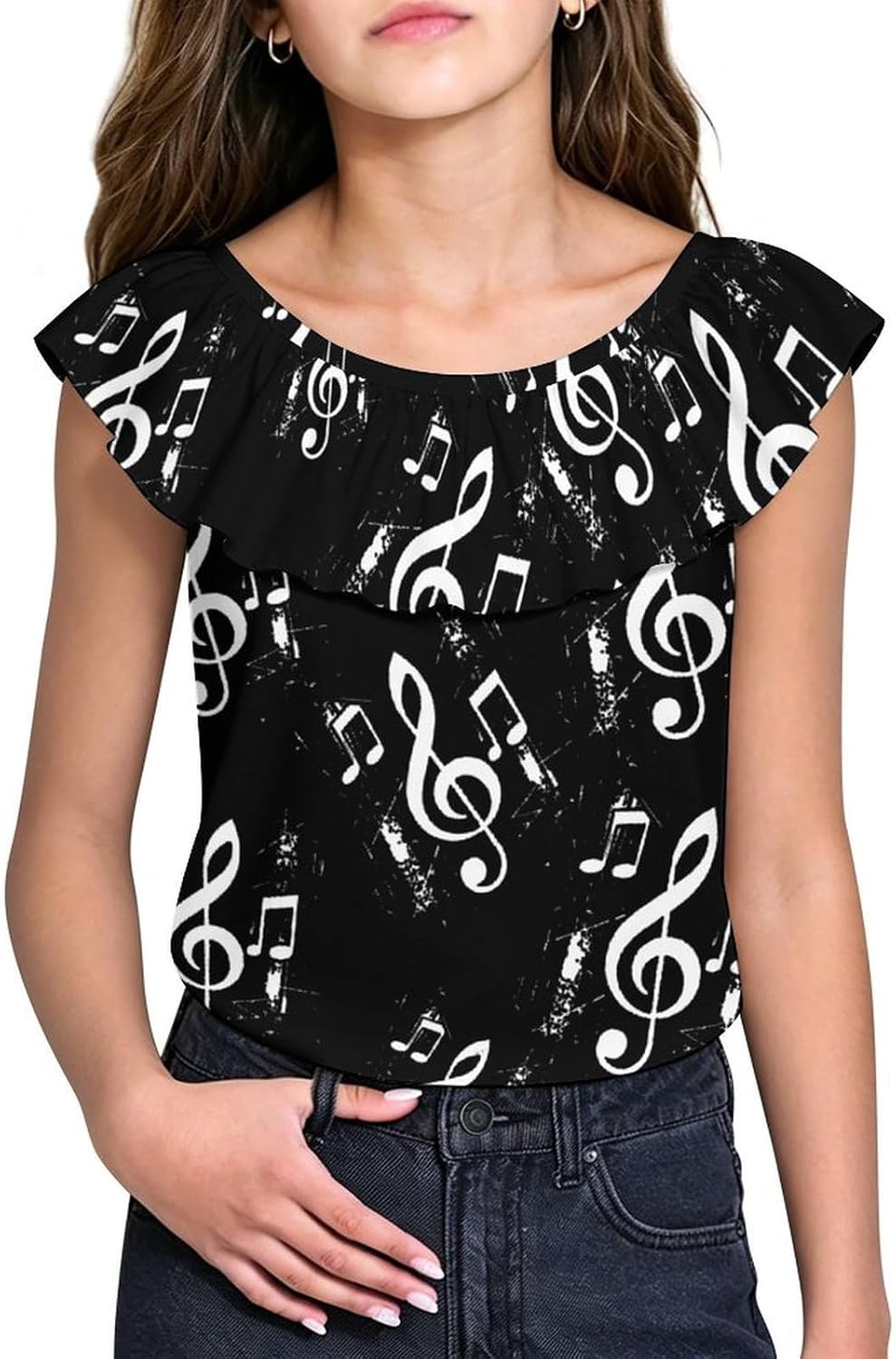 Musical Note Music Girls T-Shirts Top Ruffle Short Sleeve Blouse Casual Graphic Tees