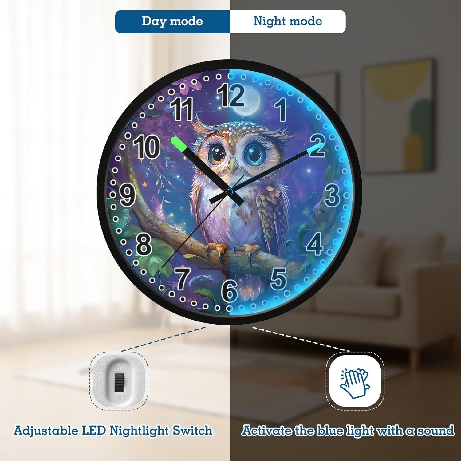 ALAZA 12 Cute Owl Moon Lighted Wall Clock Battery Operated 12 Inch Silent Non Ticking Clock for Bedroom Office Living Room Decor
