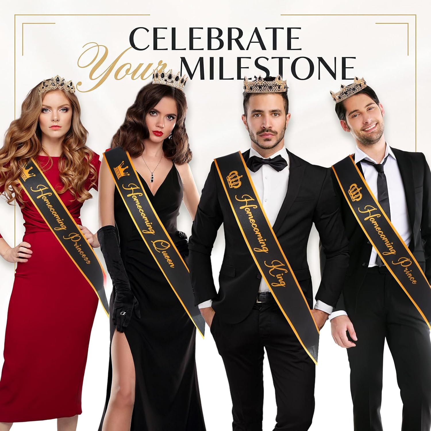 Ferreve 16 Pcs Homecoming King Queen Crowns Sashes Set, Black image 5