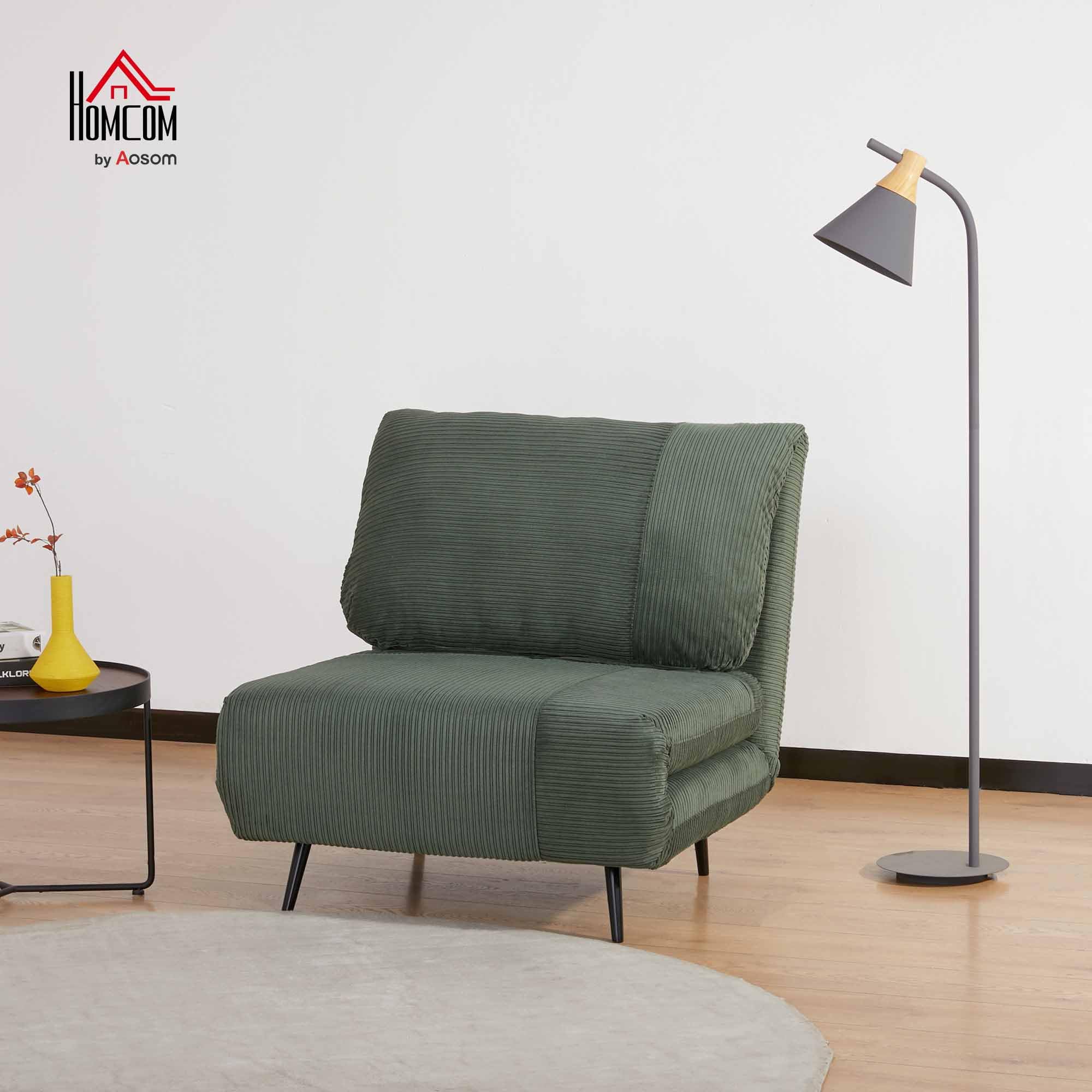 HOMCOM Poltrona Letto 2 in 1 Singola Regolabile su 3 Livelli con Seduta Extra-Large e Imbottita in Gommapiuma, Struttura in Legno, Acciaio ed Effetto Velluto Verde