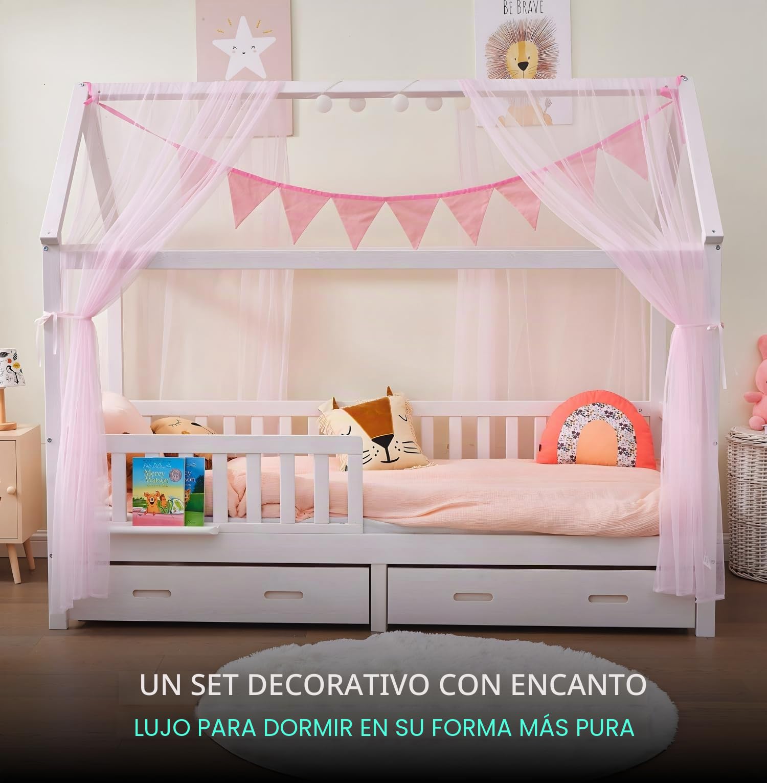 ALAVYA HOME® Set de decoración para cama de casa de 4 piezas con 2 cielos de cama I 1 cadena de banderas de 300 cm de largo para habitación infantil I Cadena de banderas 100% algodón orgánico I 150 x
