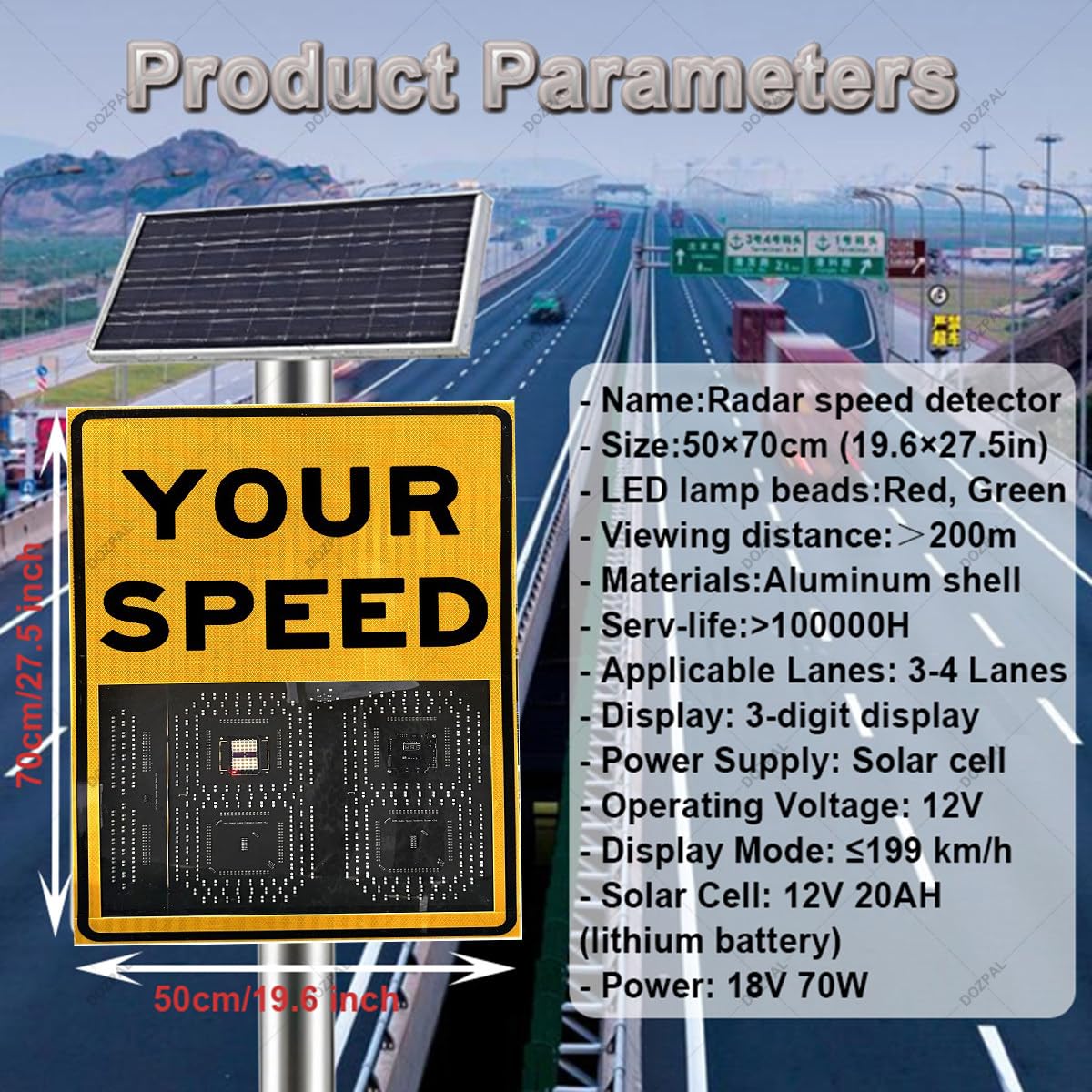 Señal de límite de Velocidad con Radar Solar - Pantalla LED de 2 o 3 dígitos con Detector de Velocidad, señal de retroalimentación - Control Remoto 3-digit-50×70cm