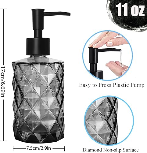 Miniatura 2 de Dispensador de jabón de vidrio negro de 11 onzas, paquete de 2 dispensadores de jabón para manos y platos para cocina, dispensadores de botellas de