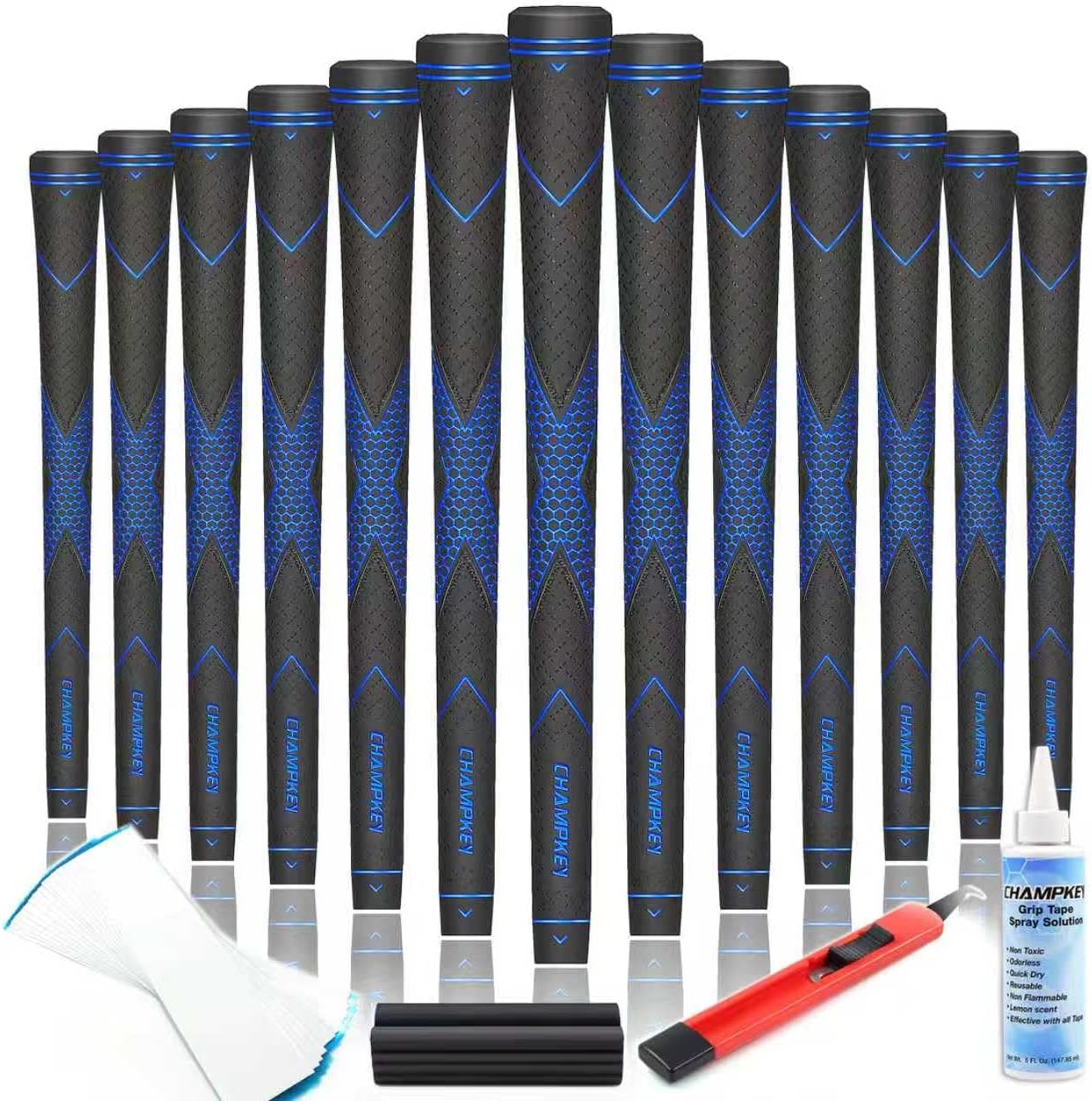 Champkey Traction-X Golf Grips Set of 13(5 Oz Solvent,Blade,15 Tapes & Vise Clamp Available)-Choose Between 13 Grips & All Repair Kits and 13 Grips & 15 Tapes