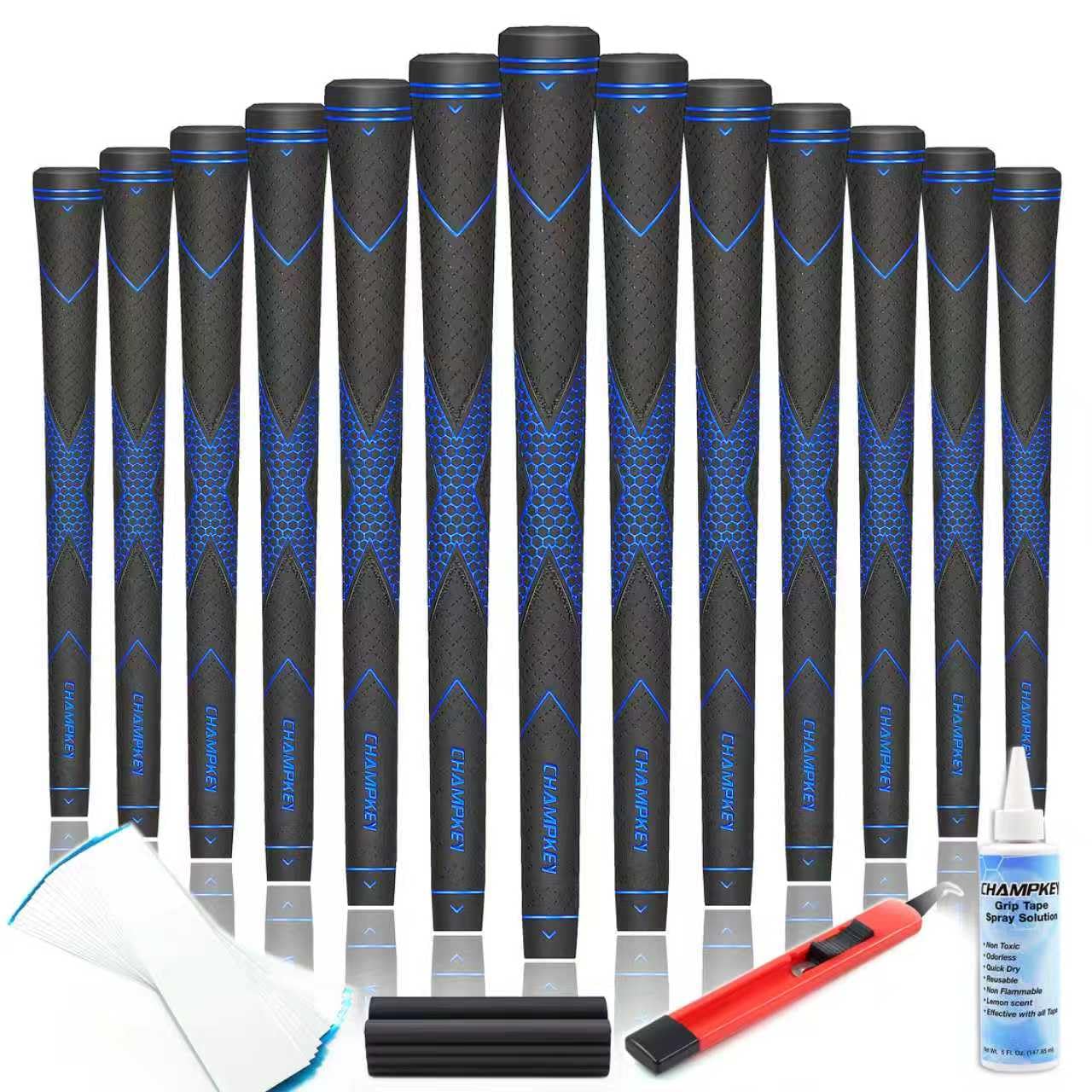 Champkey Traction-X Golf Grips Set of 13(5 Oz Solvent,Blade,15 Tapes & Vise Clamp Available)-Choose Between 13 Grips & All Repair Kits and 13 Grips & 15 Tapes