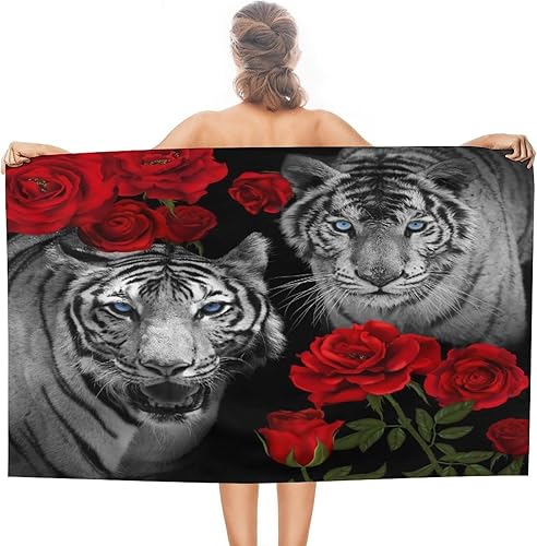 Toallas de piscina súper absorbentes, de secado rápido y esponjosas, color bosque fresco, animal salvaje, tigre, rosa roja, floral, hotel, viajes,