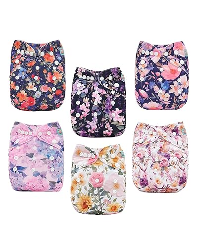 ALVABABY Pañales de tela para bebé, paquete de 6 con 12 inserciones, fundas de pañales de tela, ajustables, lavables, reutilizables, para bebés
