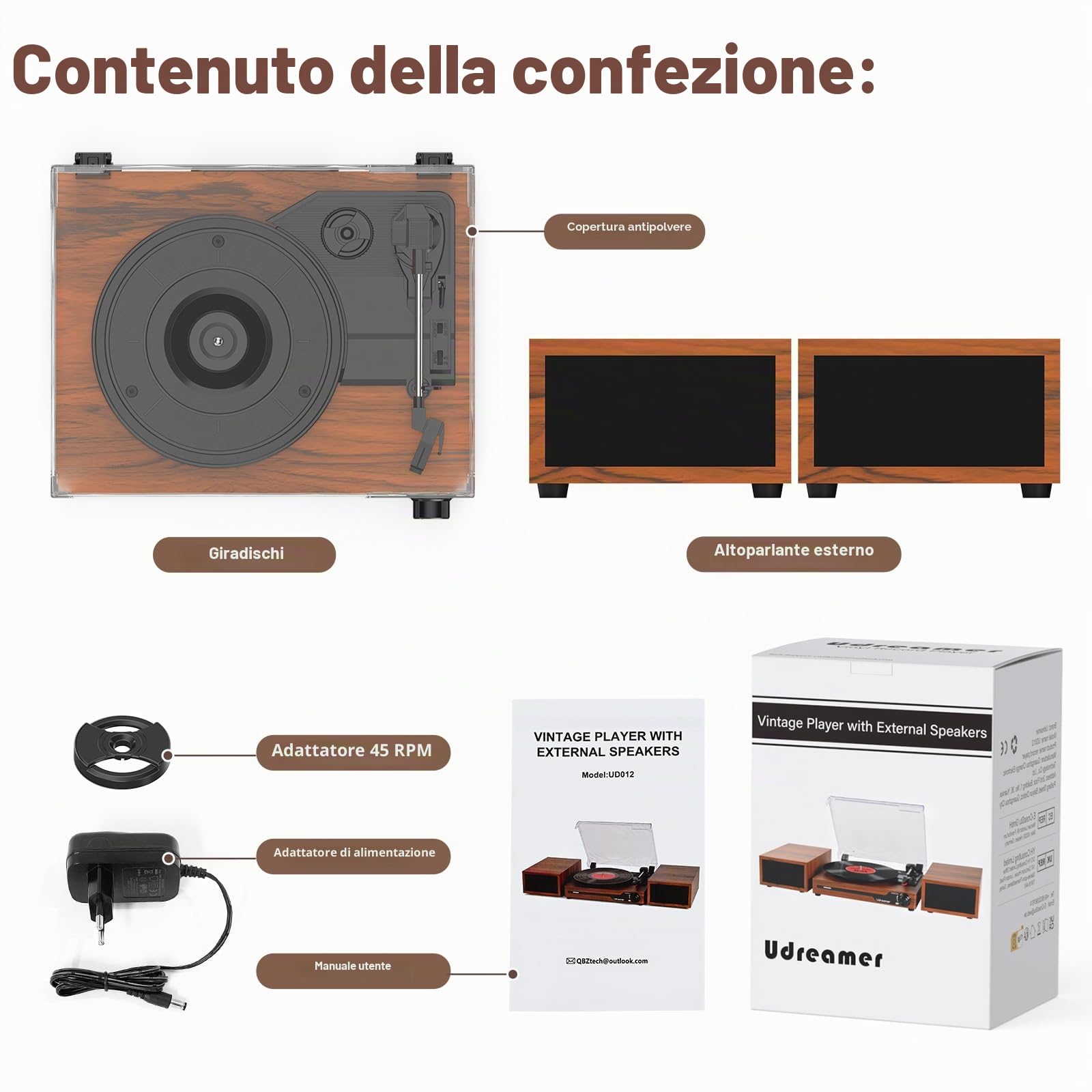 Udreamer Giradischi Vintage Bluetooth 5.3 con 2 Altoparlanti Stereo, 3 Velocità, AUX-in, RCA, USB, Marrone