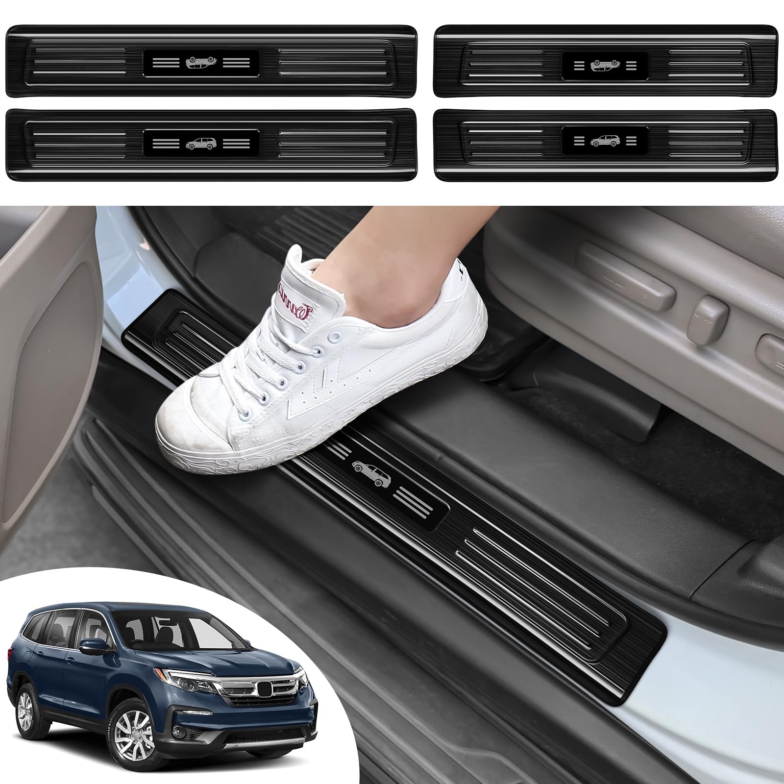 PeakPurit 4PCS Car Door Edge Guards Door Sill Protector for Honda Pilot 2016-2022 Accessories Stainless Steel Material Black Brushed Car Door Threshold Protection