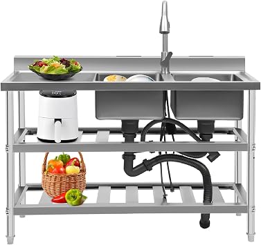 47.2"Free Standing Double Bowl Sink, Stainless Steel Utility Sink, Commercial Kitchen Sink, Outdoor Sink Set w/Pull-out Faucet & Workbench with Water Pipe