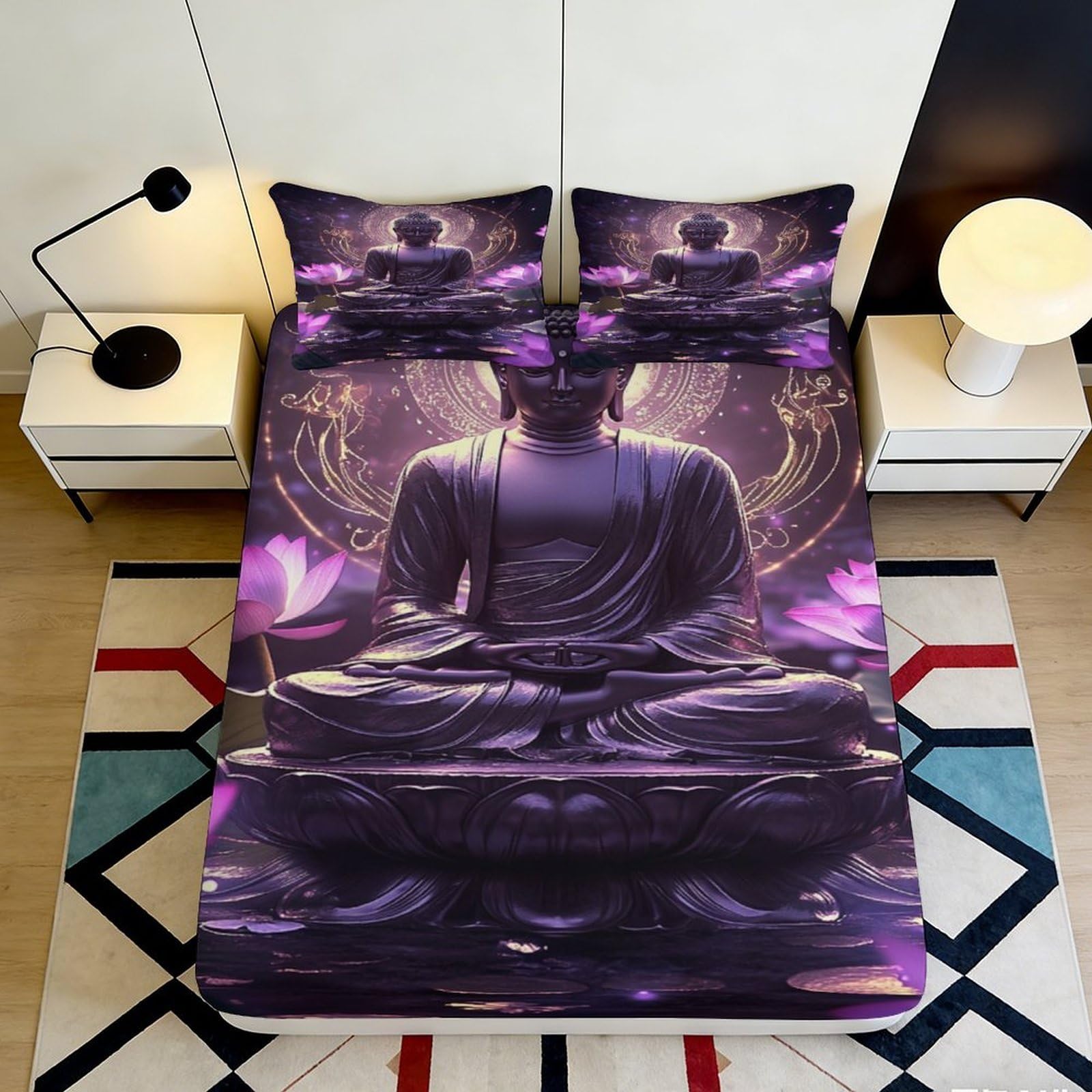 3D Printed Purple Buddha Meditation Fitted Sheet Microfiber Soft Lotus Zen Mattress Cover Bedroom Dorm Protector 120x200x25cm