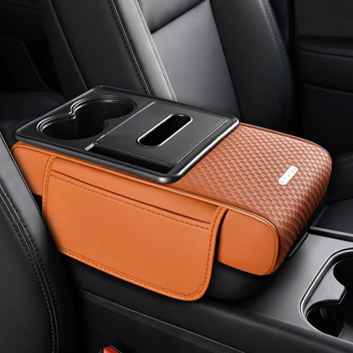 Car Center Console Armrest Pillow, 13.6"×7.3"×3.1" Leather Arm Rest Cover for Cars, 4-in-1 Comfortable Auto Armrest Cushion Pad with Pocket & Tissue Box & Cup Holder, Car Accessories (Orange)