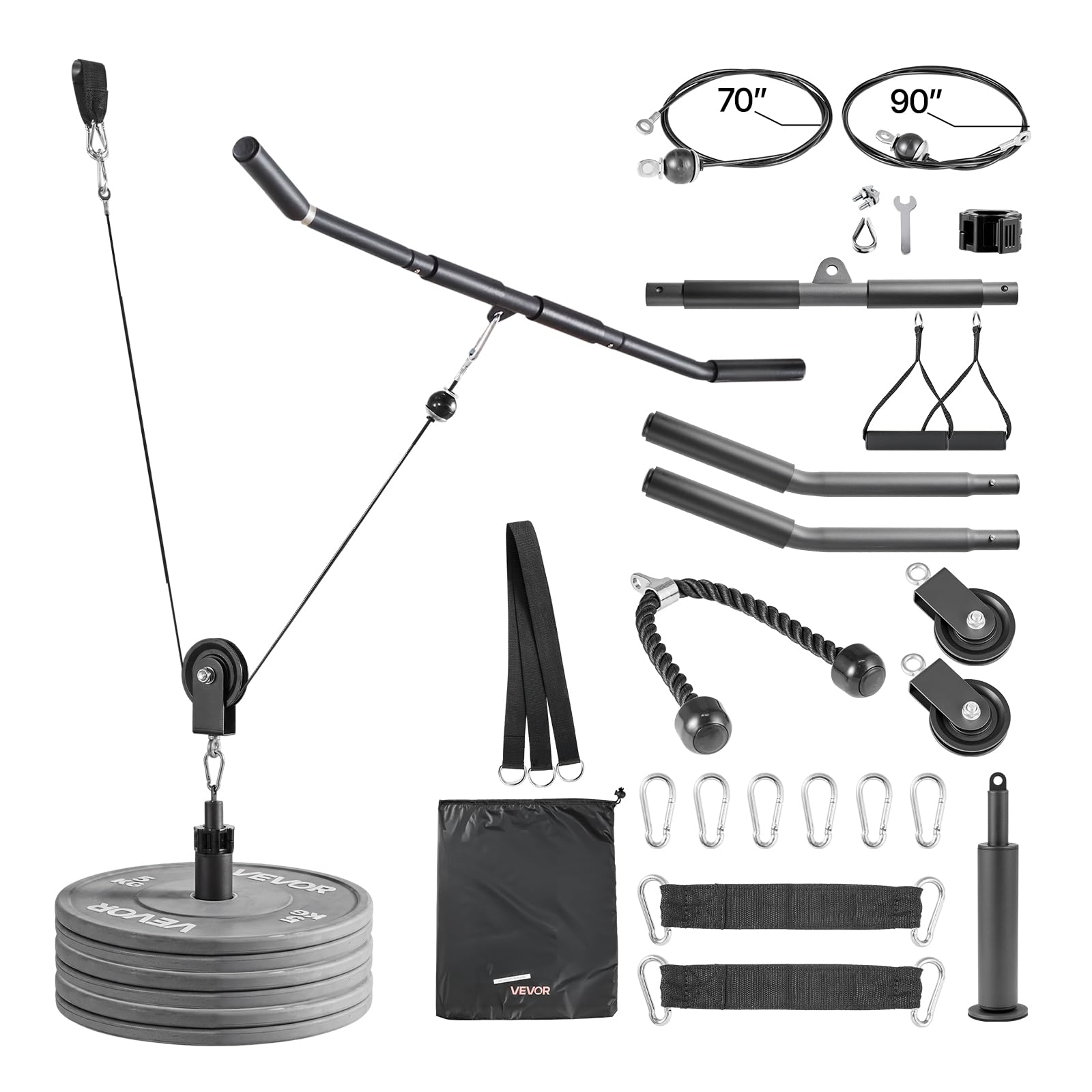 VEVOR Poulie Musculation 2PCs, Système de Poulie pour Fitness Capacité 150 kg, pour Tirage Vertical Extensions de Triceps Biceps Dos et Épaules, avec 2 Câbles en Acier, Barre Courte et Poignée à Corde