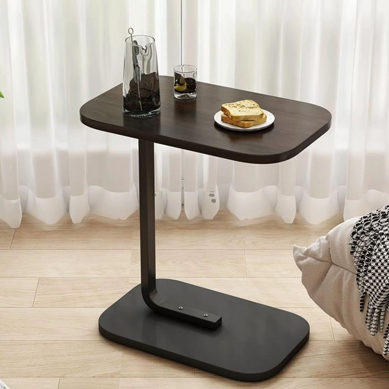 SXZenSpace C Shaped End Table for Couch Wood,Small Side Slide under with TV Tray, Living Room,Small Spaces,Bedroom,black