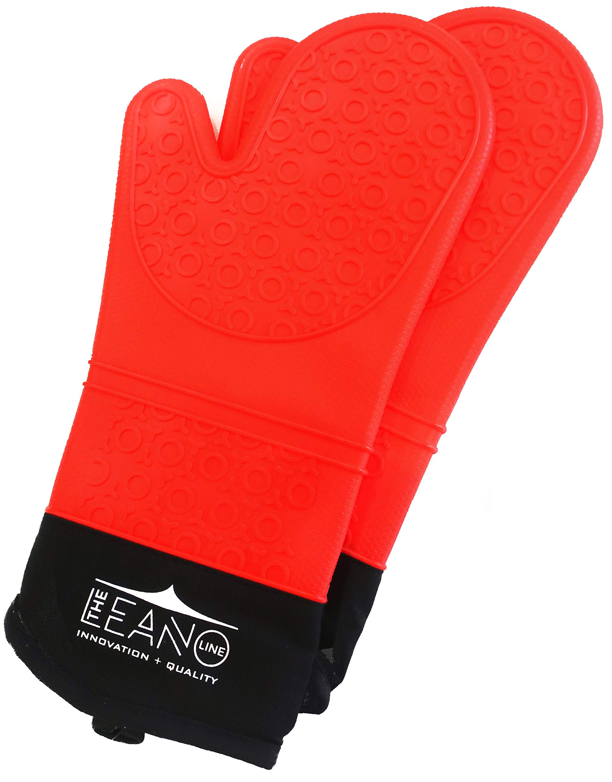 Extra Long Red Silicone Insulated Pair of Oven Mitts for Cooking, Baking, BBQ Etc. Waterproof and Heat Resist, Easy to Clean, by The Leano Line