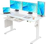 Claiks Glass Standing Desk with Drawers, 55×24 Inch Electric Standing Desk Adjustable Height, Stand Up Desk Whole-Piece Glass Desktop for Home Office, White