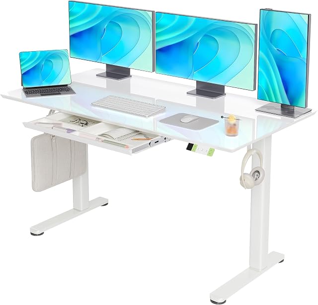 Claiks Glass Standing Desk with Drawers, 55×24 Inch Electric Standing Desk Adjustable Height, Stand Up Desk Whole-Piece Glass Desktop for Home Office, White