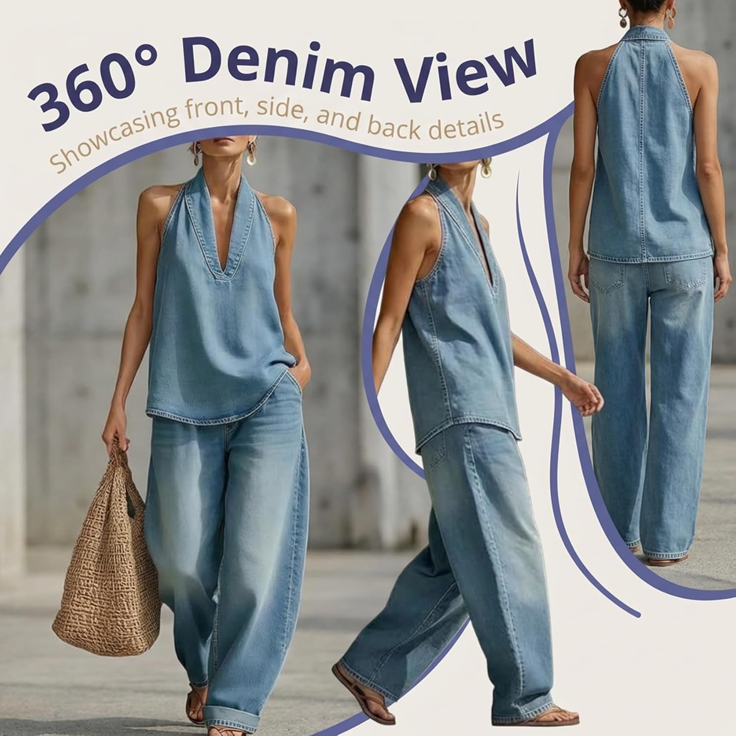 Cozy Minimalist Two-Piece Denim Set - Women's Fashion Halter Denim Sets Solid Color Tank Top Wide Leg Pants Two Piece