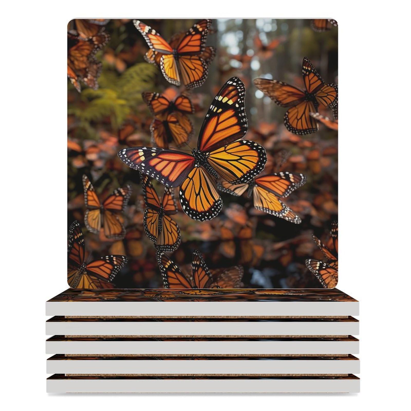 Posavasos para decoración de mesa, juego de 6 posavasos para mesa de café, reutilizables, con estampado de mariposas monarca para mesa de comedor y sala de estar
