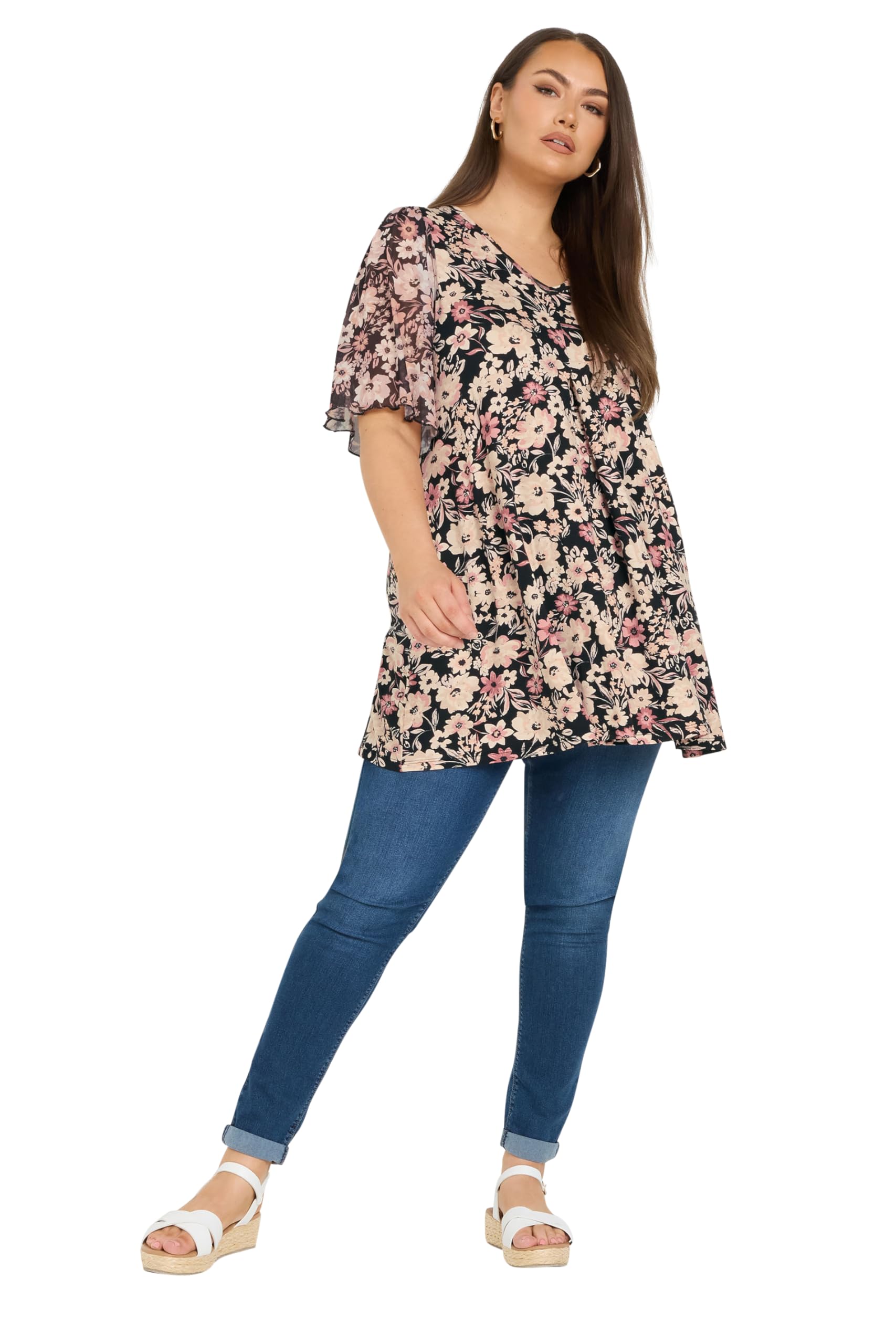 Yours Women's Floral Mesh Sleeve Pleated Top in Black | Size: 20