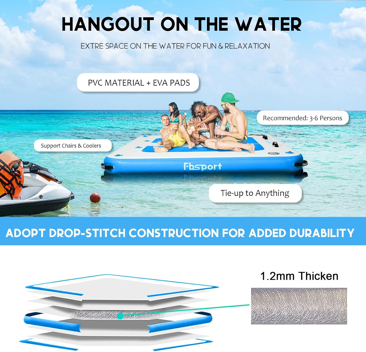 FBSPORT Inflatable Floating Dock, Inflatable Air Dock Platform Floating Island Raft with Non-Slip Surface, Inflatable Water Floating Dock Mat for Lake Pool Beach Ocean, 10x8x0.5 ft, Blue