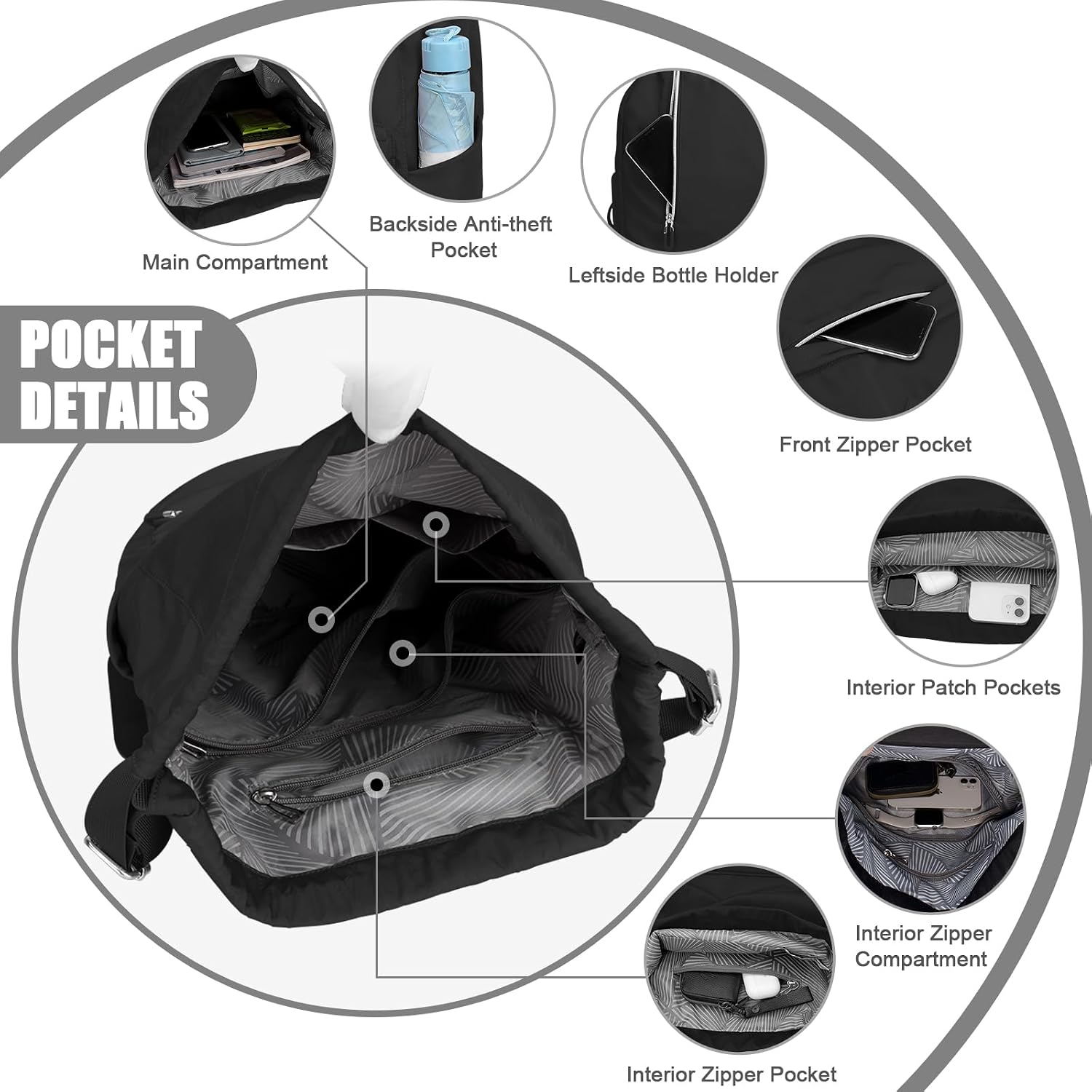 Peicees Waterproof Drawstring Backpack Gym Track Bag for Women Outdoor, Black