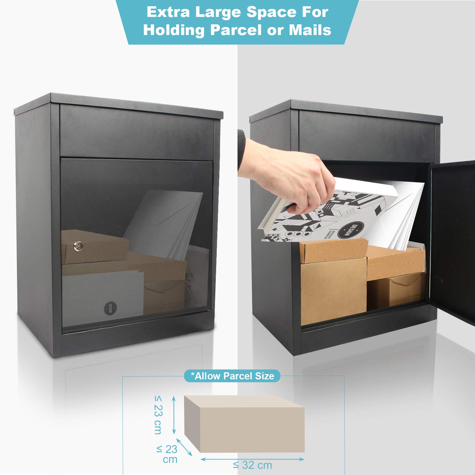 Todeco Boîte à Colis pour Lettres et Colis, Boite aux Lettres Package Box | avec 2 clés, Convient pour La Maison, L'appartement, L'école, Le Bureau, 58x44.5x35cm