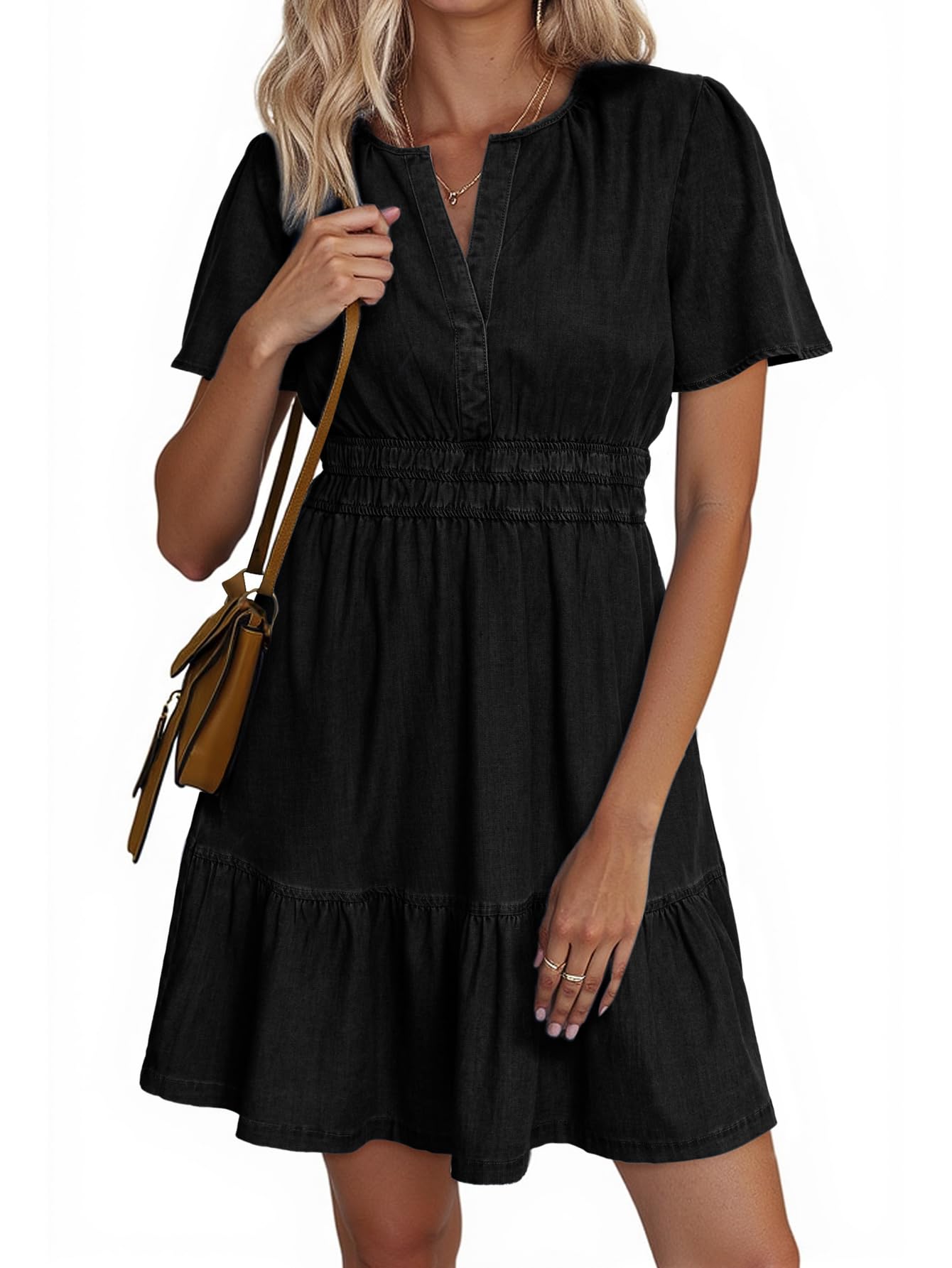 Simplee Womens Summer Denim Dress Casual Short Sleeve Mini Dress Boho Beach Flowy Tiered Short Jean Dresses with Pockets