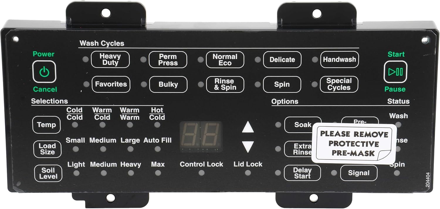 ALLIANCE LAUNDRY SYSTEMS Control Board and Overlay Assembly 204074P with various buttons for wash cycles, selections, options, and status.