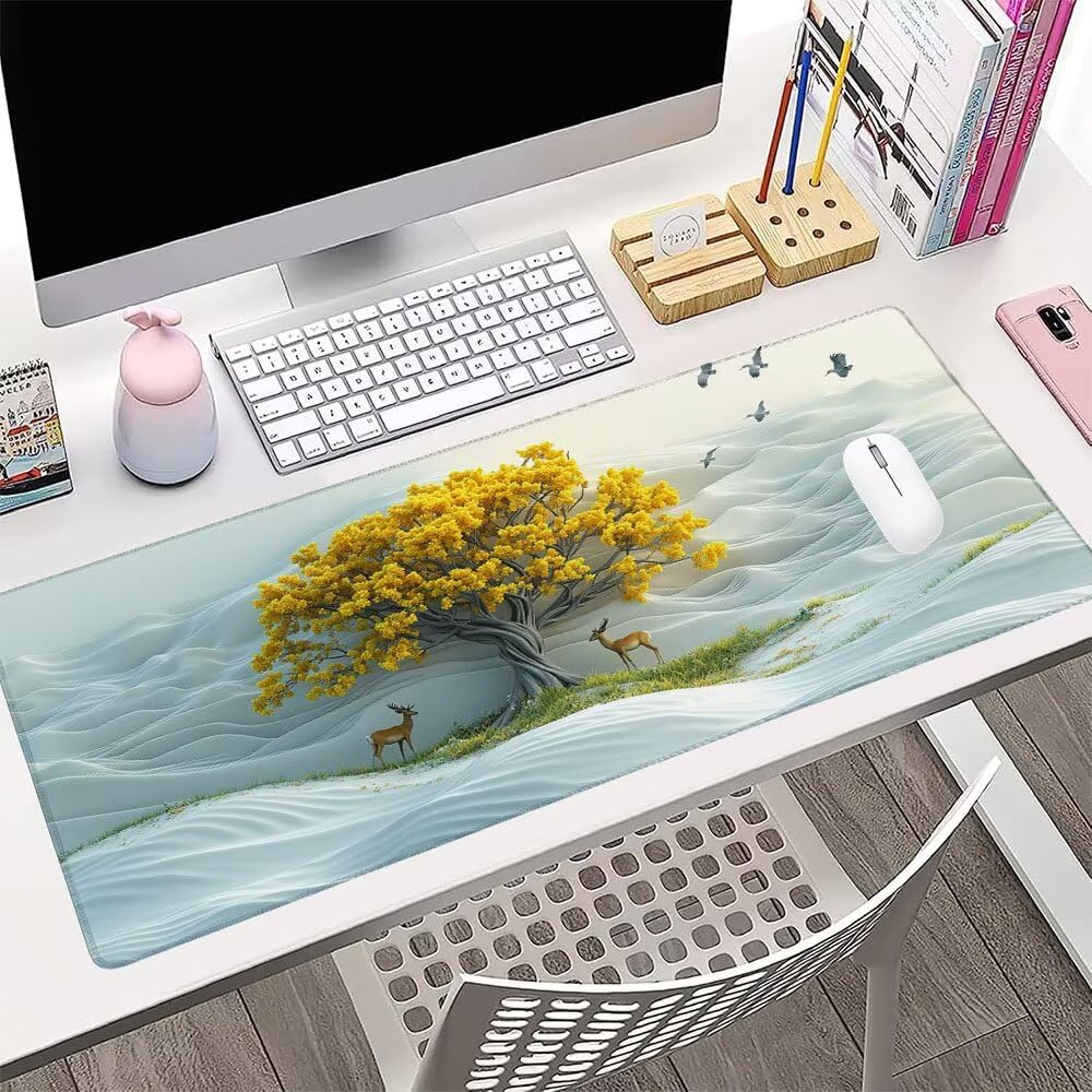Tappetino Mouse Gaming xxl Accessori Scrivania Ufficio Bianco Albero Grande Tappetino Mouse e Tastiera Sottomano da Scrivania, Gaming Accessori pc 1200x600x3mm Base Antiscivolo, per PC Laptop d-56