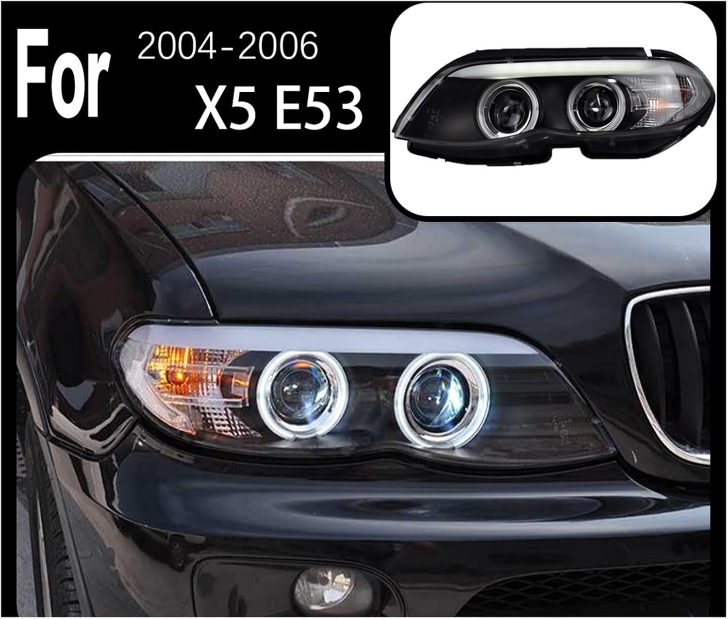 Car Model Head Lamp Compatible For BMW X5 Headlights 2004-2006 E53 Headlight DRL Angel Eye Bi Xenon Auto Accessories(Headlight No Bulb)