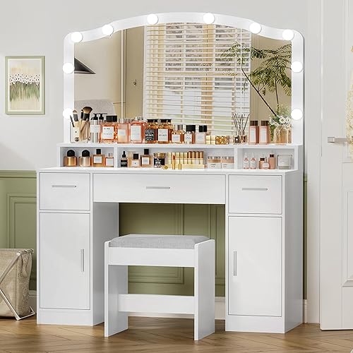 Miniatura 2 de usikey Tocador de maquillaje con luces, escritorio de tocador, mesa de maquillaje con 3 cajones, 2 armarios y estante largo de almacenamiento, 10