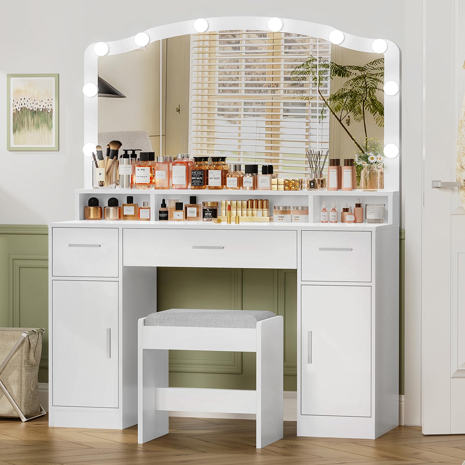 usikey Large Vanity with Mirror and Light, Dressing Table Set with 3 Drawers, 2 Cabinets and 10 LED Bulbs Dresser with Stool for Women,Bedroom,Bathroom, White