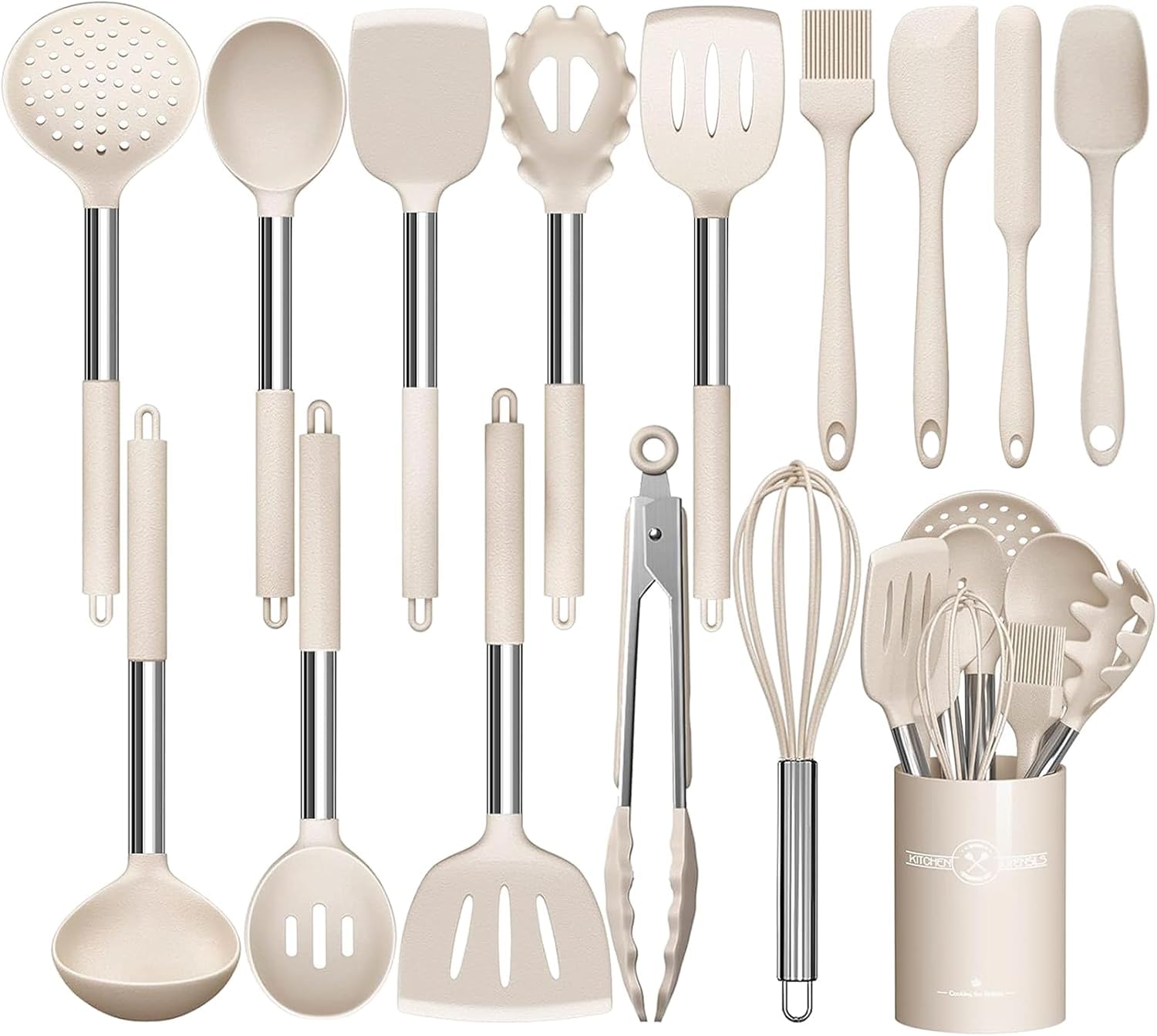 Küchenutensilien-Set, 15-teilig Silikon Küchenhelfer Set, Antihaft Hitzebeständiger Kochutensilien Kochgeschirr mit Utensilienhalter, Edelstahl Griff, Spülmaschinengeeignet (Khaki)