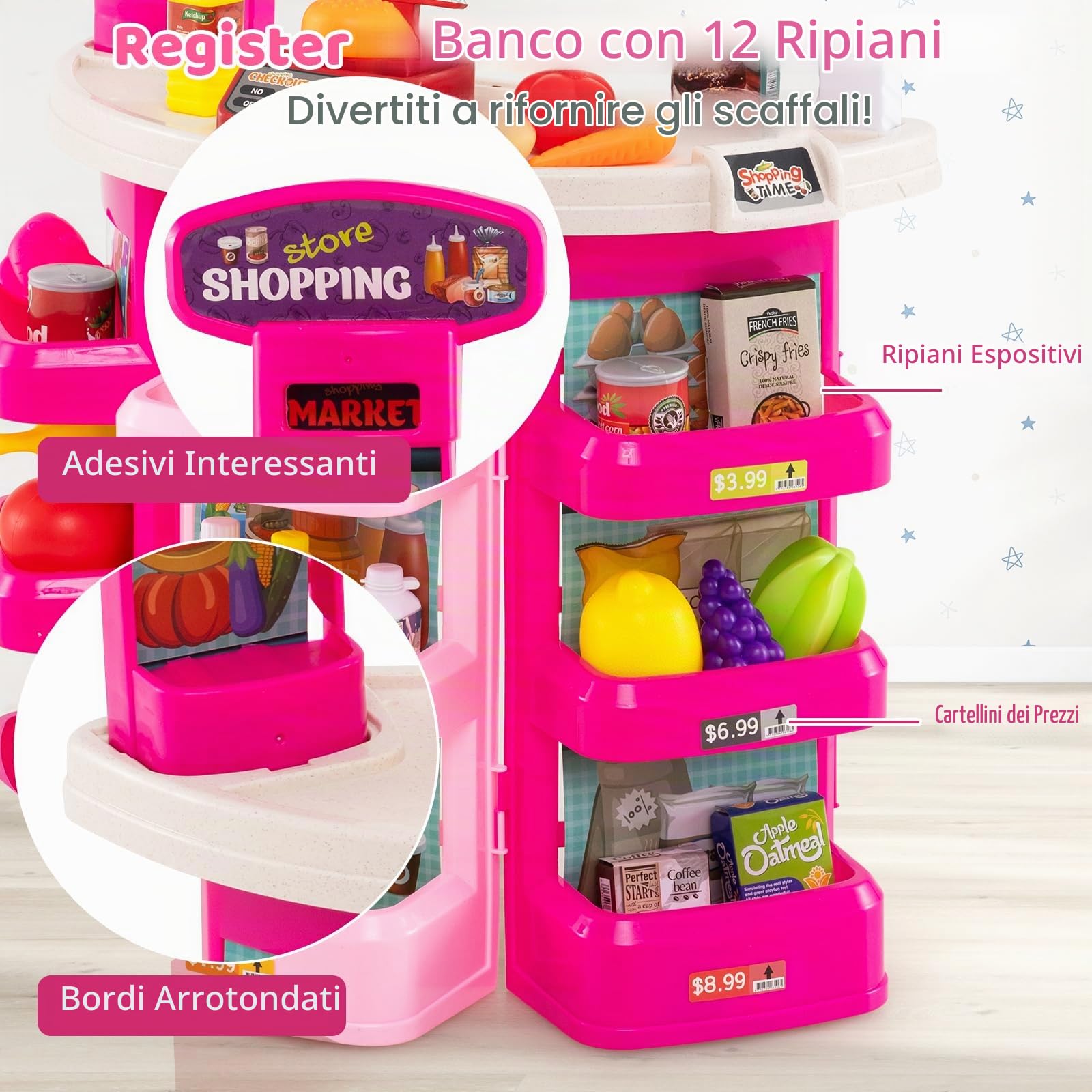 HOMASIS Supermercato Giocattolo per Bambini con Carrello della Spesa e 29 Accessori, Negozio di Alimentari con Luci e Suoni, Cassa, Bilancia e Scanner, Banco per Bambini dai 3+ Anni (Rosa)