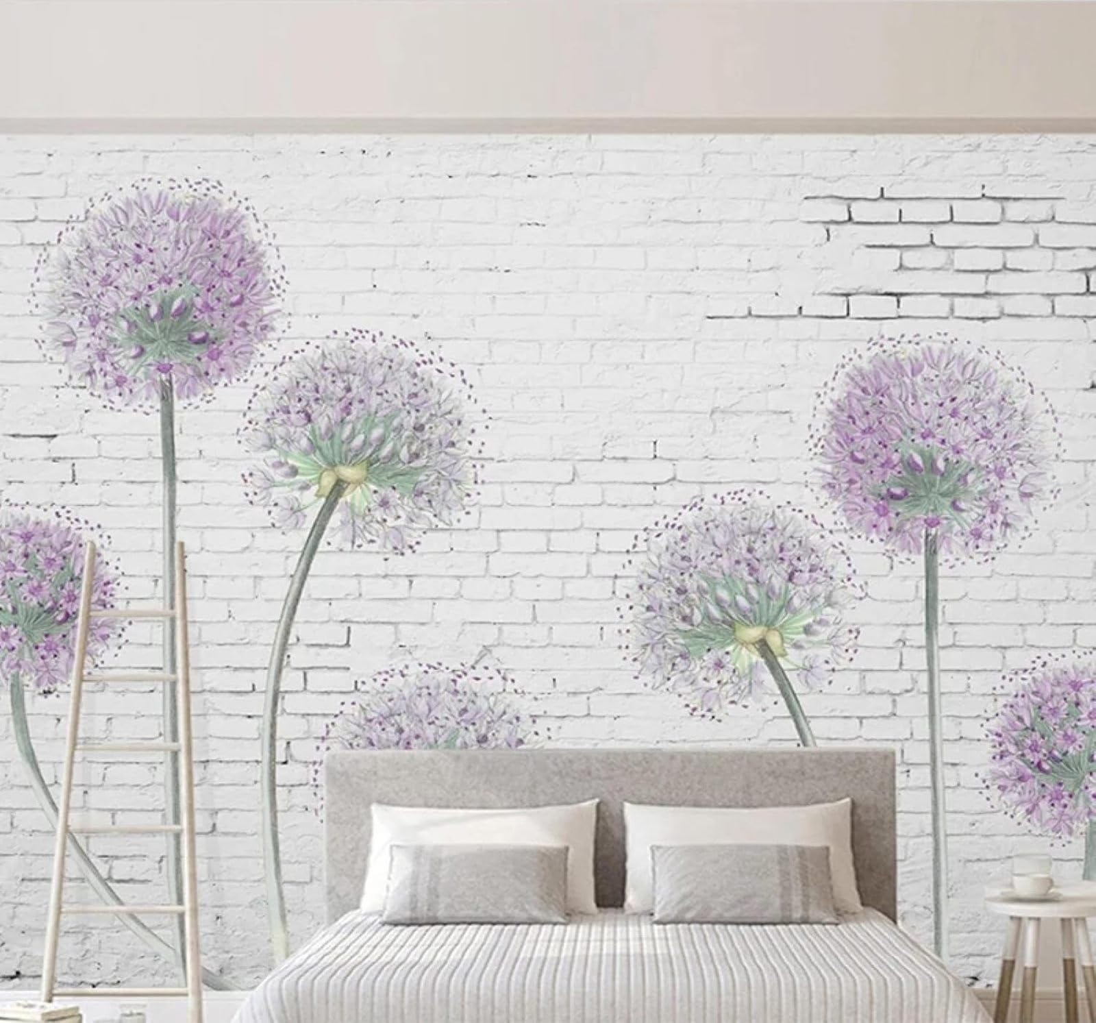 XLMING White Brick Wall Beautiful Purple Dandelions 3D Wallpaper Luxury Home Dining Decor Paste Sofa Living Room The Wall for Bedroom Mural-400cm×280cm