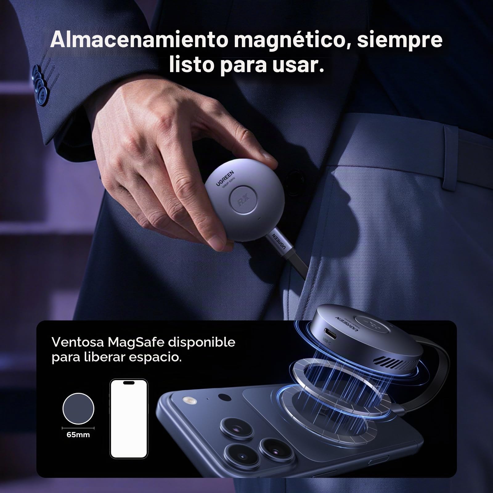 UGREEN Transmisor y Receptor HDMI Inalámbrico USB C TX HDMI Magnético 1080P | 1080P 60Hz 50M Plug Play 5G Transmisor PD 30W Compatible con iPhone 17 Pro MAX Air 16 Macbook Air Pro iPad Monitor Televisión