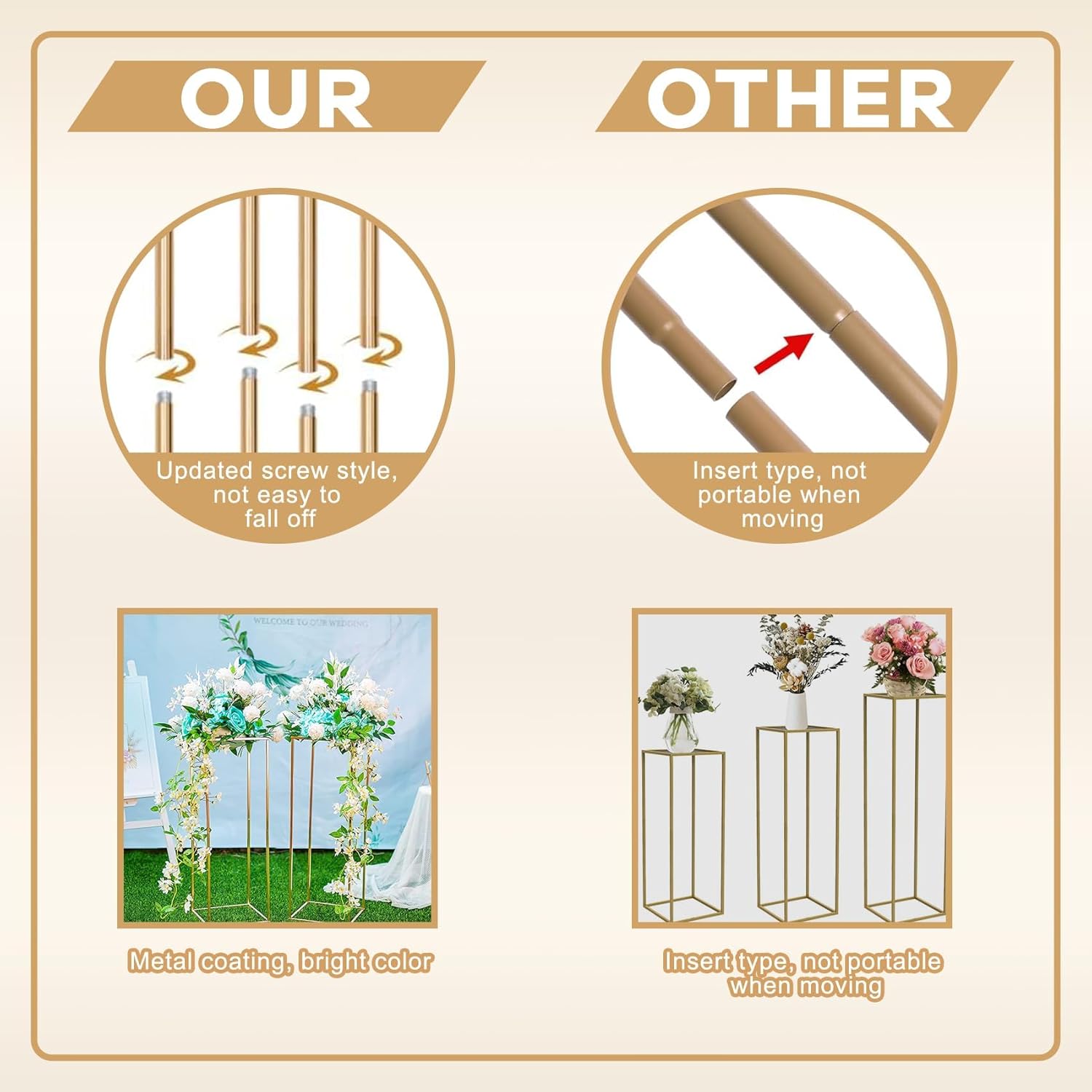 3pcs Gold Metal Plant Stand, Cylinder Pedestal Stands for Parties, Metal Plant Columns Pedestal Stands for Display, Square Cylinder Columns tables for Weddings Cake Stand Floor Plant Tables