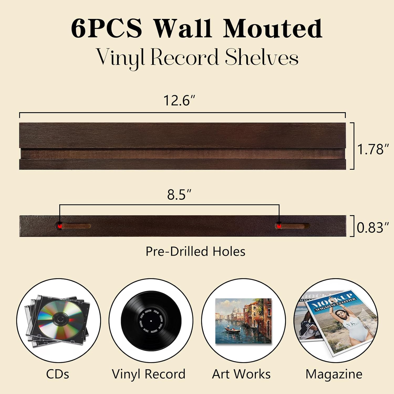 KEYWING Vinyl Record Wall Mount Set of 6 Wooden Record Holder, Walnut Stain Finish Vinyl Shelf Wall Mount for CDs, Album, Art Works Storage