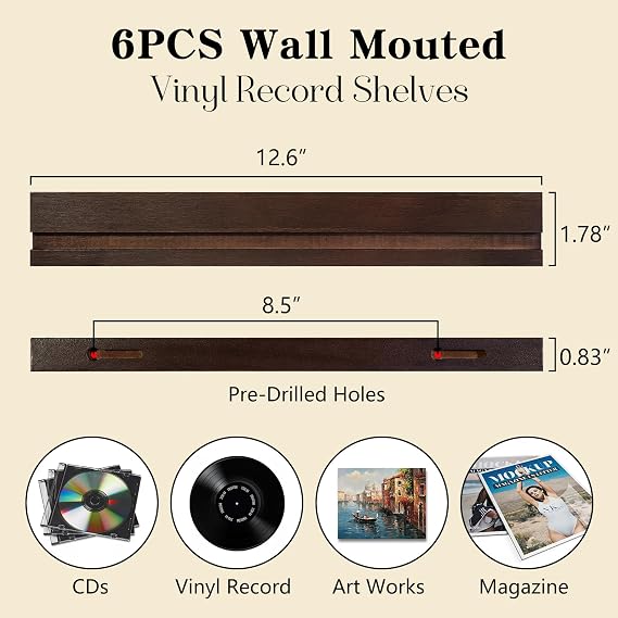 KEYWING Vinyl Record Wall Mount Set of 6 Wooden Record Holder