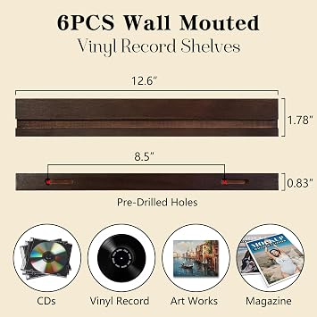 KEYWING Vinyl Record Wall Mount Set of 6 Wooden Record Holder
