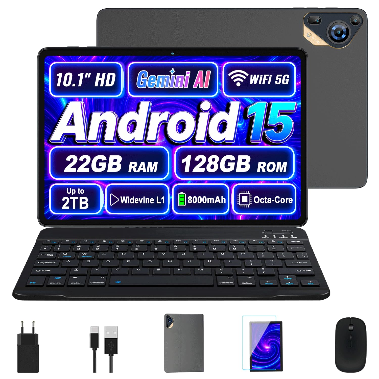 Tablet 10 Pulgadas Android 15 con Gemini AI, 22GB RAM + 128GB ROM (Ampliable 2TB), Tablet con Teclado y Ratón, Widevine L1, WiFi 5G, Batería 8000mAh, Pantalla IPS HD, Cuerpo Metálico – Gris Espacial